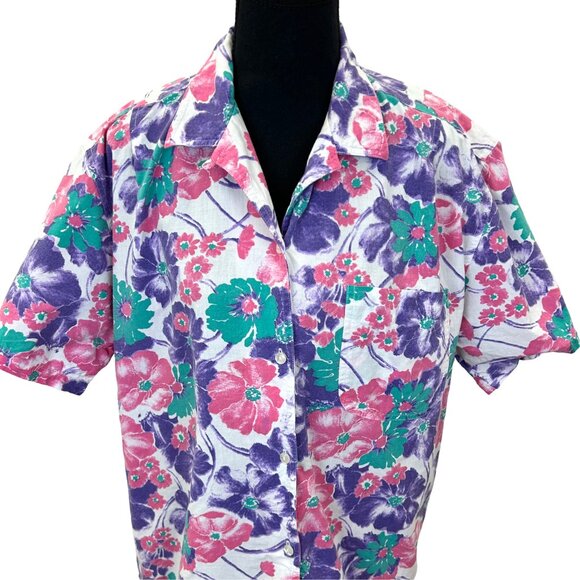 VINTAGE 90s Floral Short Sleeve Blouse - Picture 1 of 7